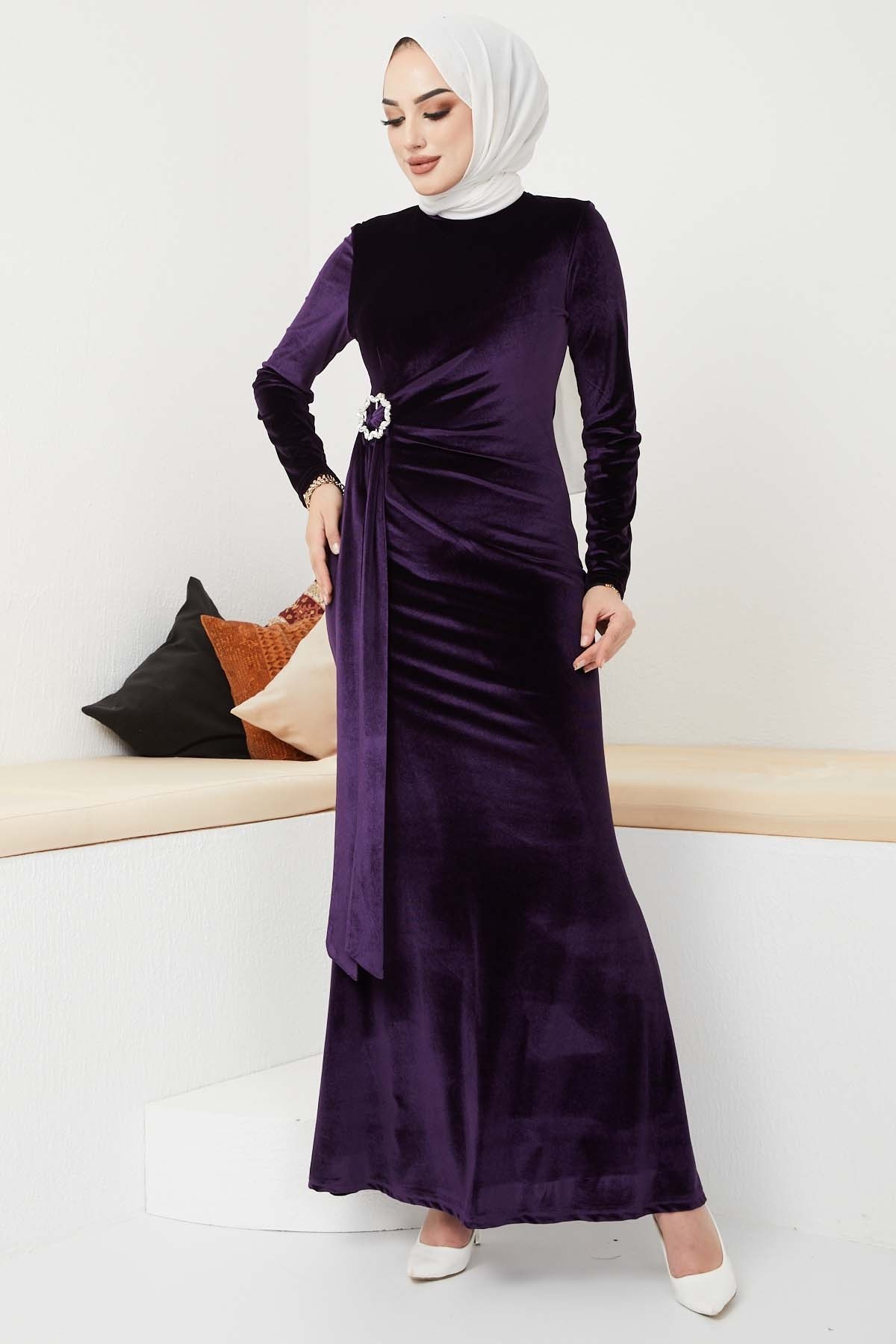 Kemerli Kadife Abiye - Mürdüm