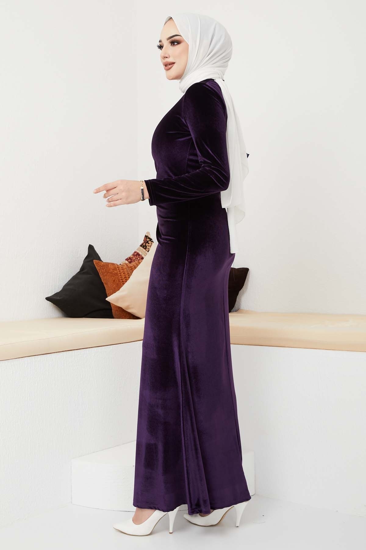 Kemerli Kadife Abiye - Mürdüm