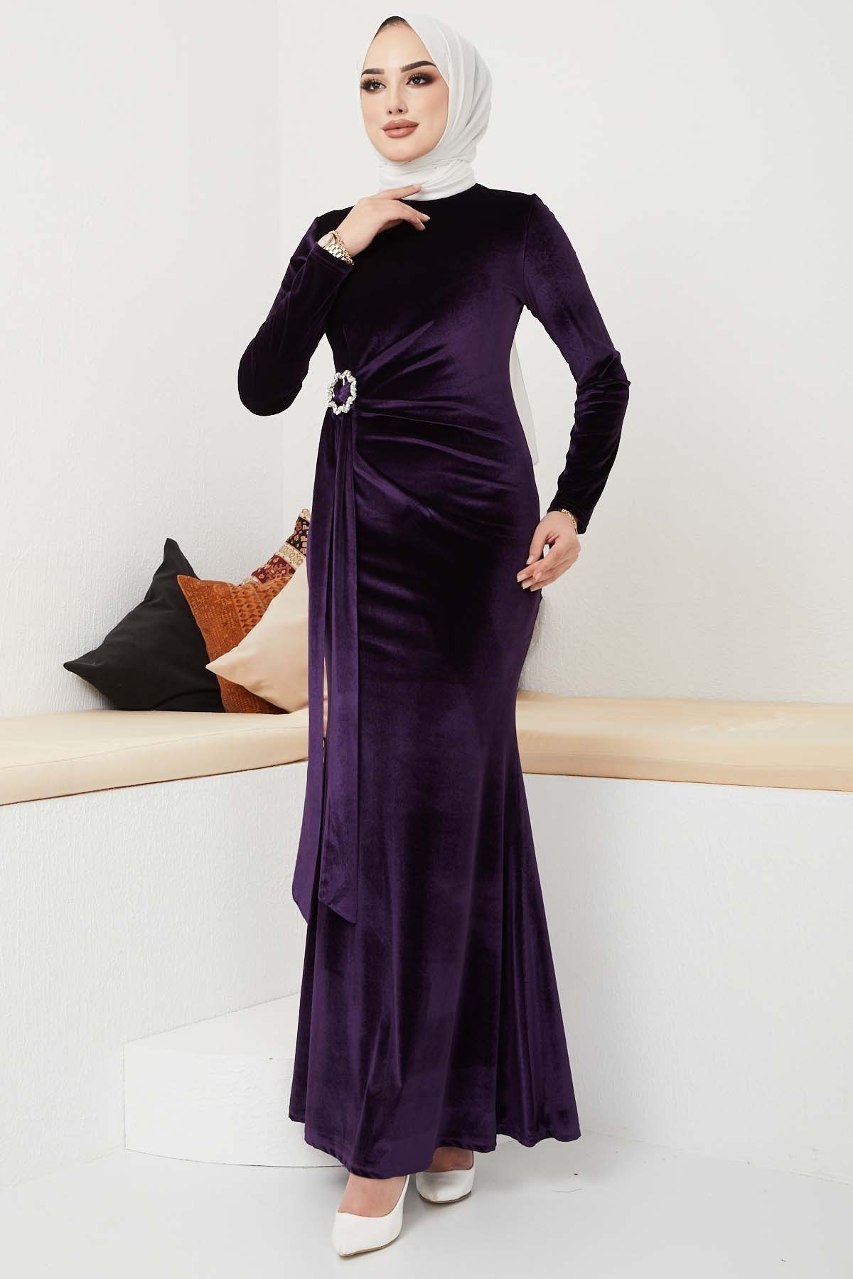 Kemerli Kadife Abiye - Mürdüm