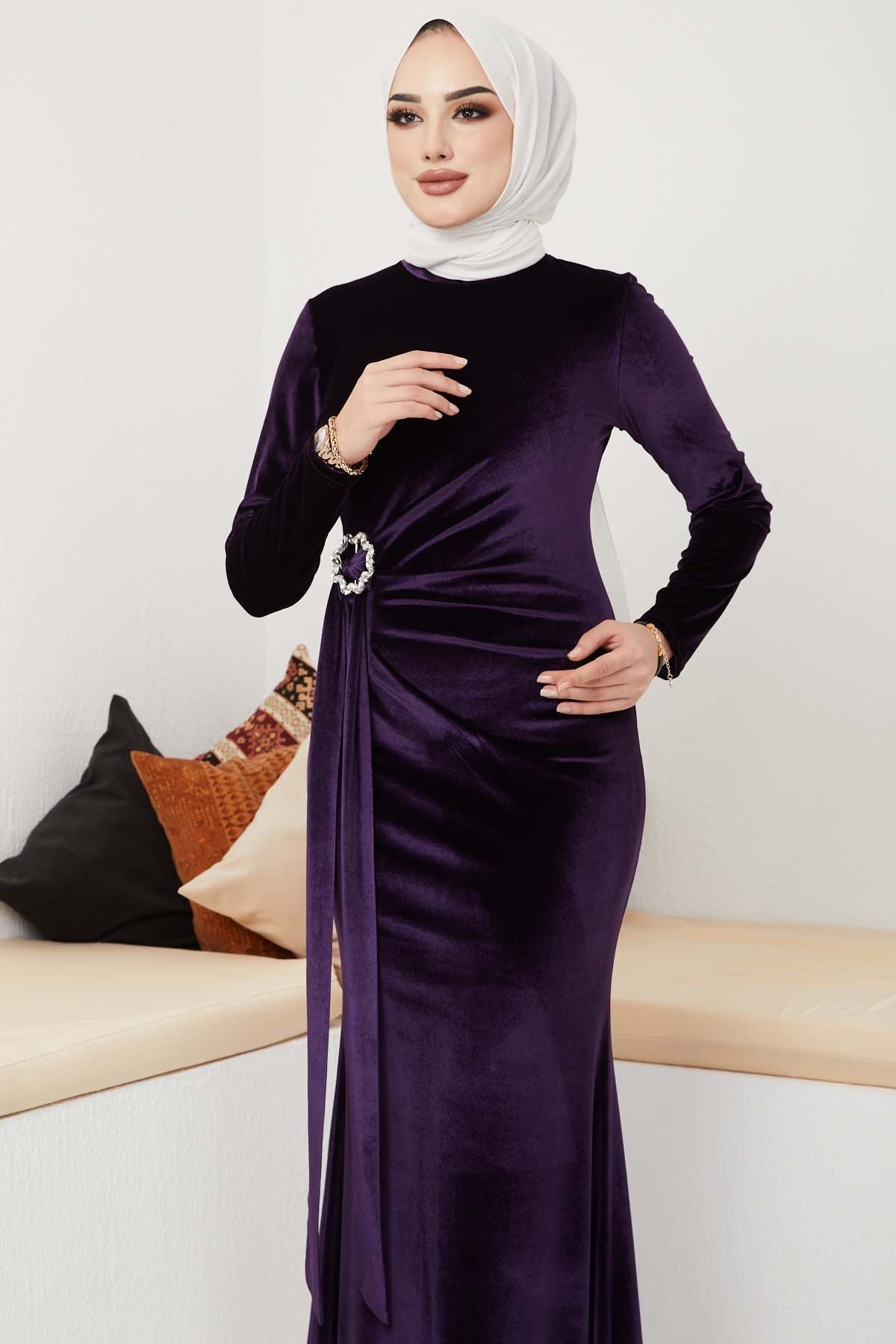 Kemerli Kadife Abiye - Mürdüm