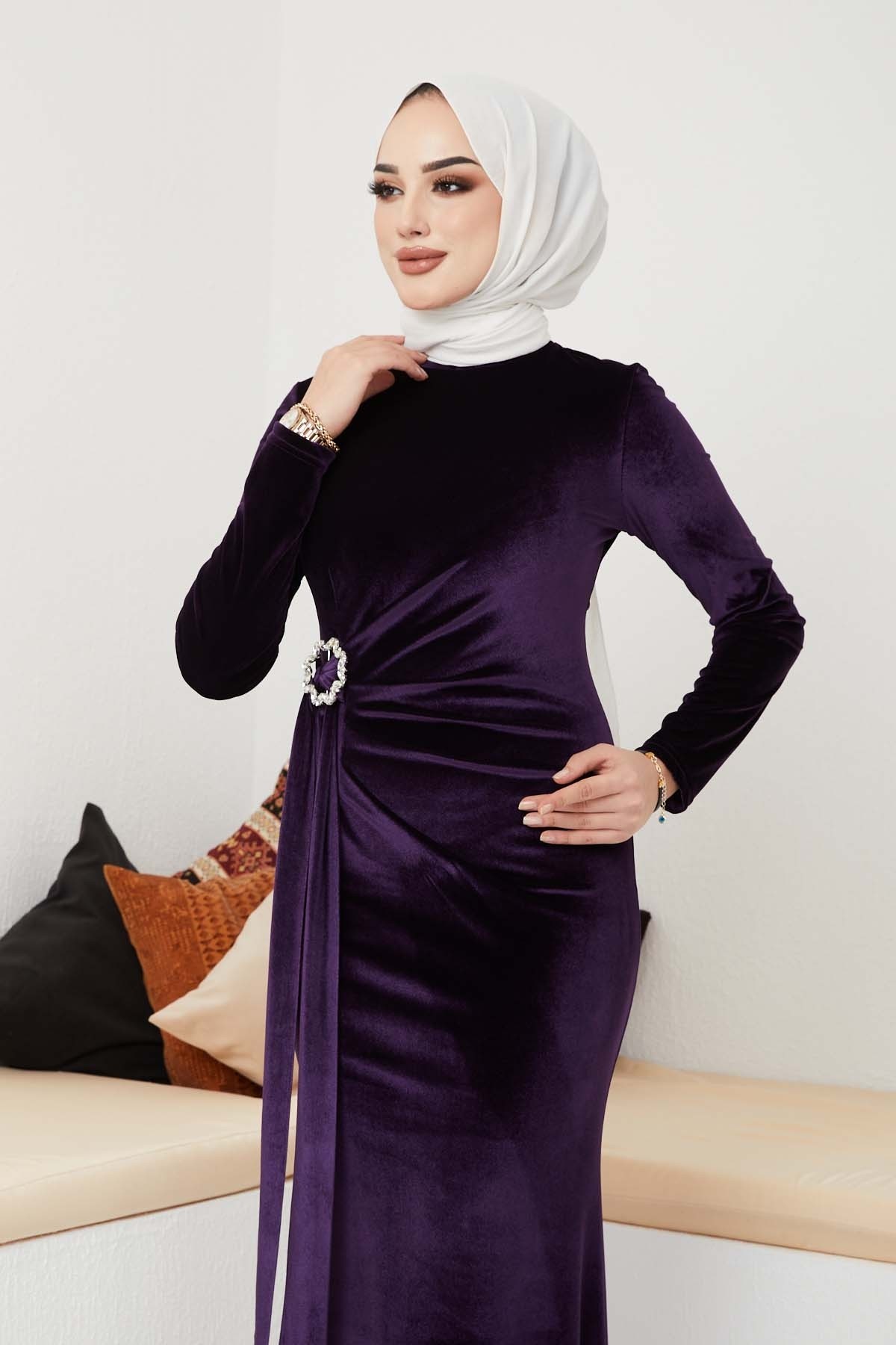 Kemerli Kadife Abiye - Mürdüm