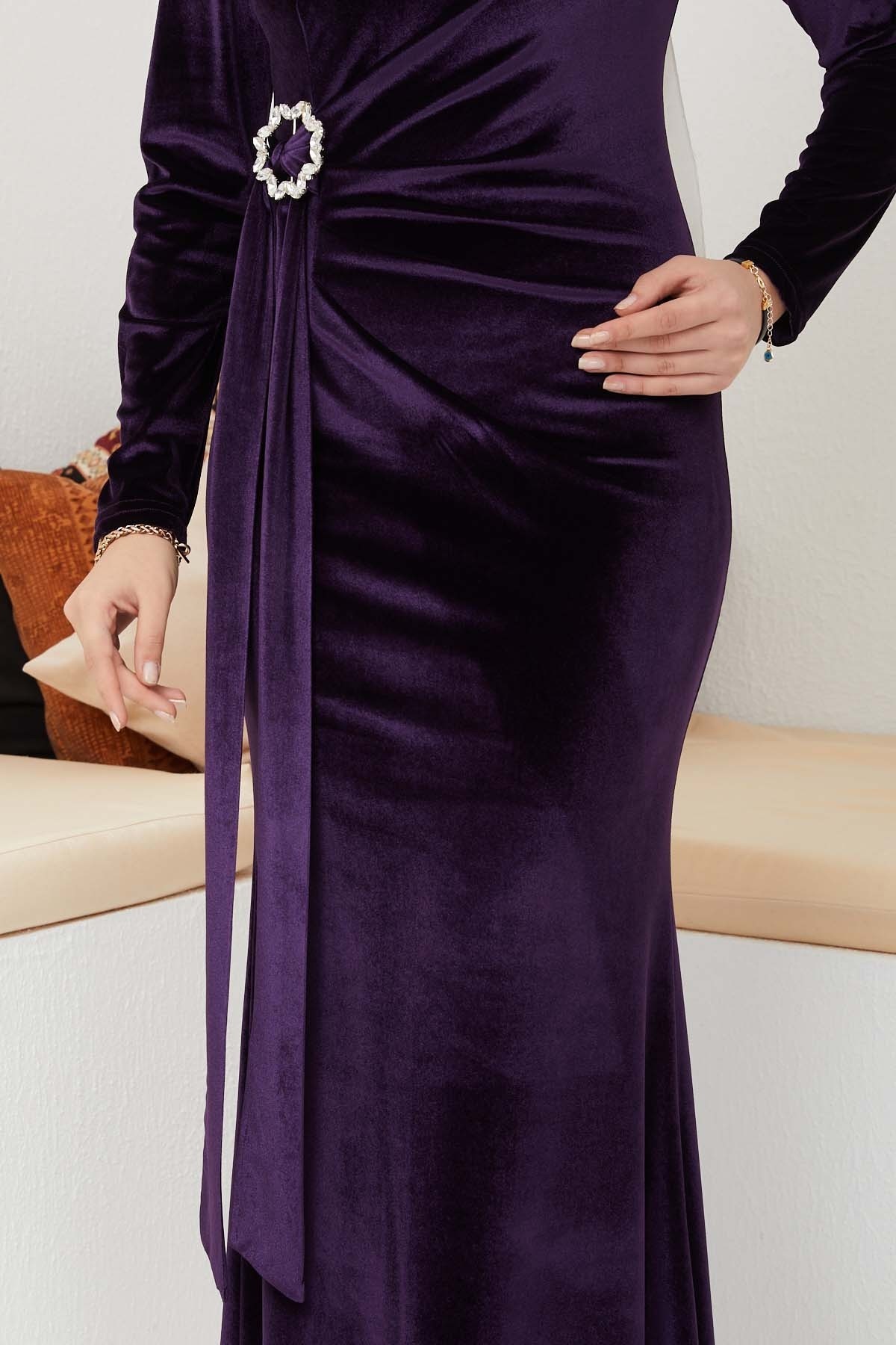 Kemerli Kadife Abiye - Mürdüm