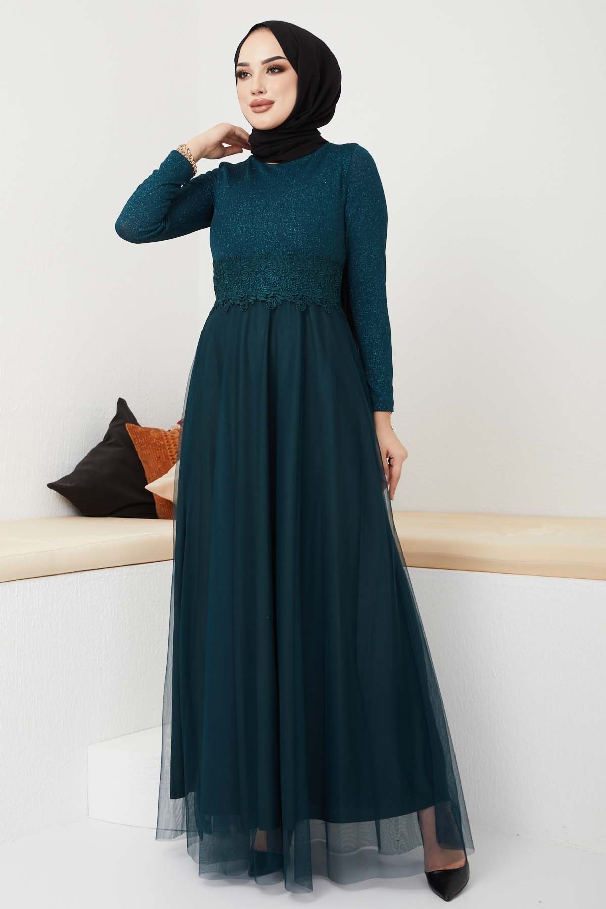 Beli Dantel Şeritli Abiye - Zümrüt