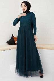 Beli Dantel Şeritli Abiye - Zümrüt