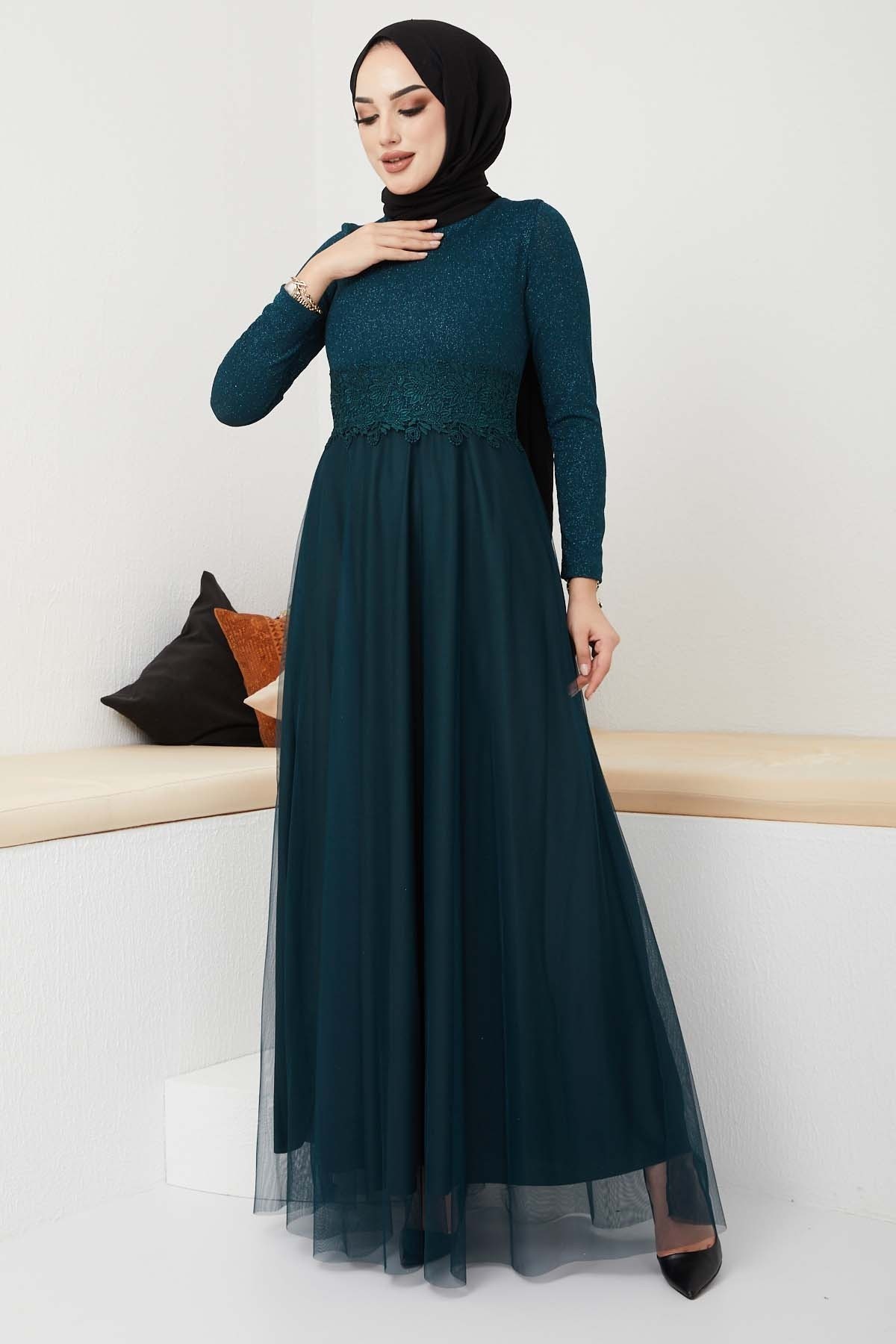 Beli Dantel Şeritli Abiye - Zümrüt