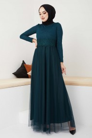 Beli Dantel Şeritli Abiye - Zümrüt