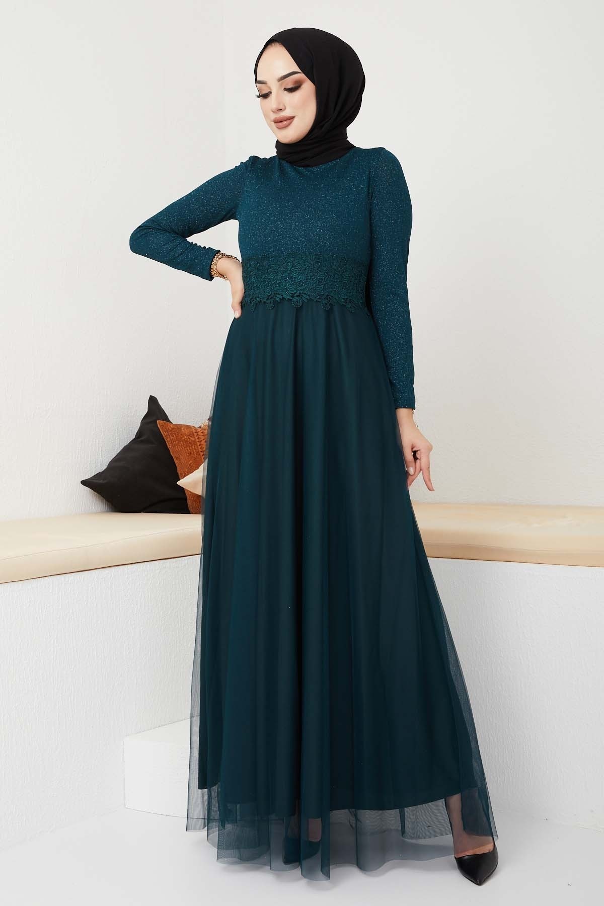 Beli Dantel Şeritli Abiye - Zümrüt