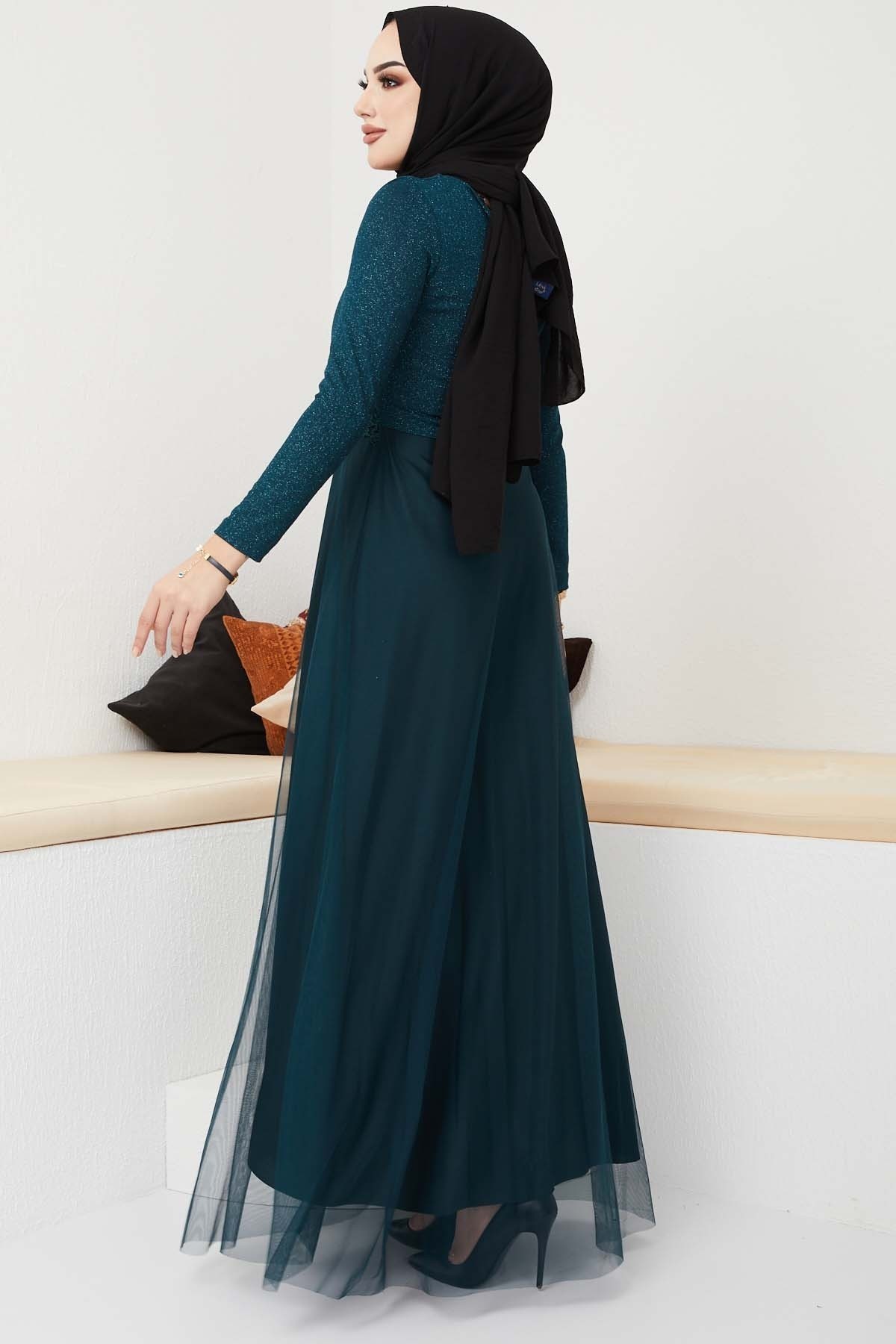 Beli Dantel Şeritli Abiye - Zümrüt