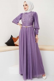 Dantel Detaylı Kemerli Abiye - Lila