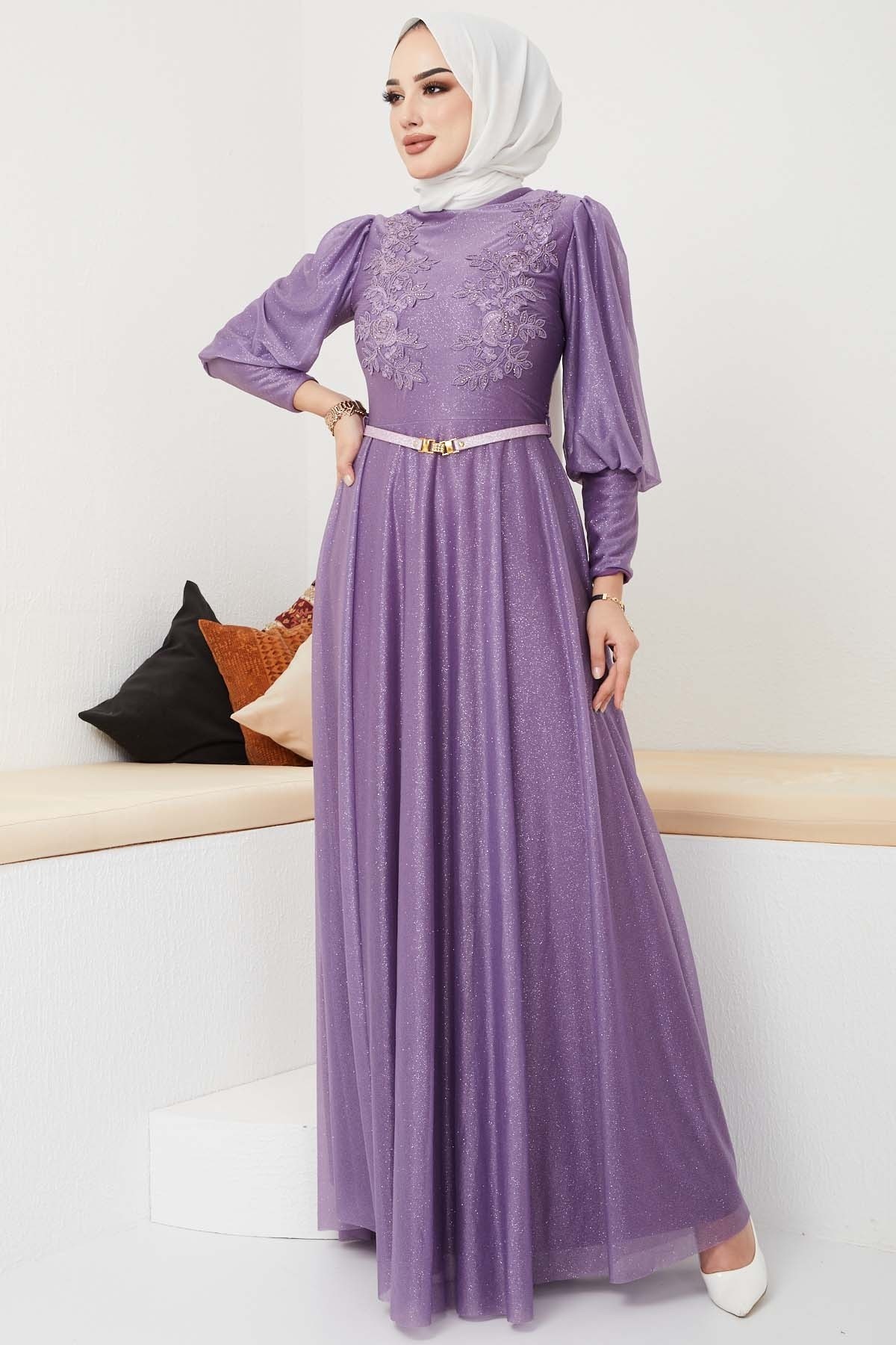 Dantel Detaylı Kemerli Abiye - Lila