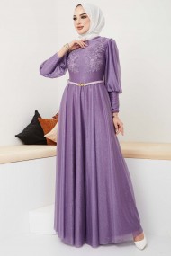 Dantel Detaylı Kemerli Abiye - Lila