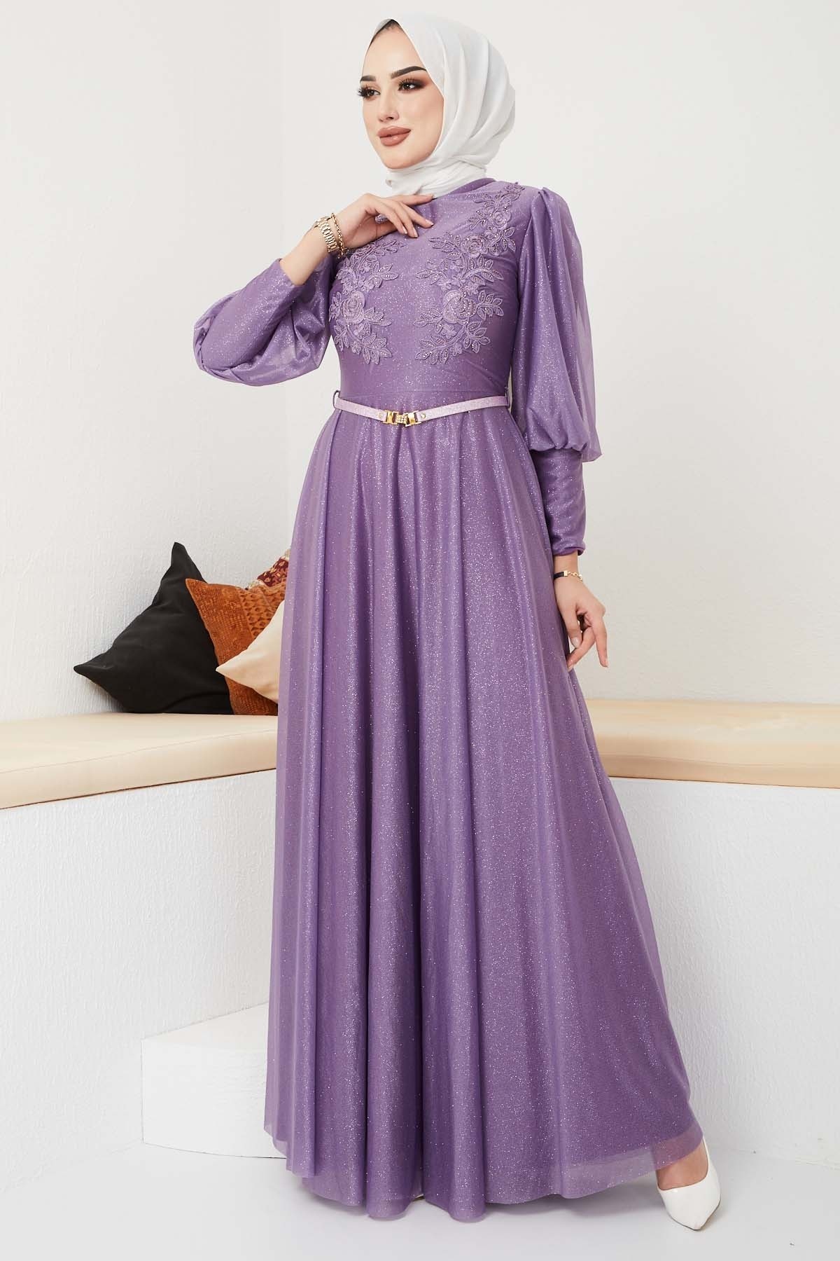 Dantel Detaylı Kemerli Abiye - Lila