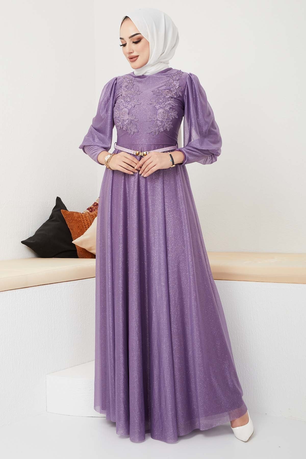 Dantel Detaylı Kemerli Abiye - Lila