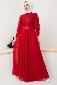 Dantel Detaylı Kemerli Abiye - Kırmızı