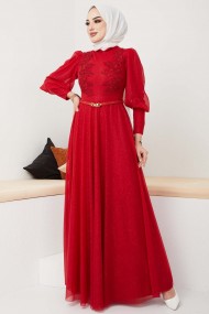 Dantel Detaylı Kemerli Abiye - Kırmızı