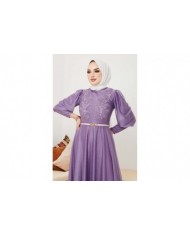 Dantel Detaylı Kemerli Abiye - Lila