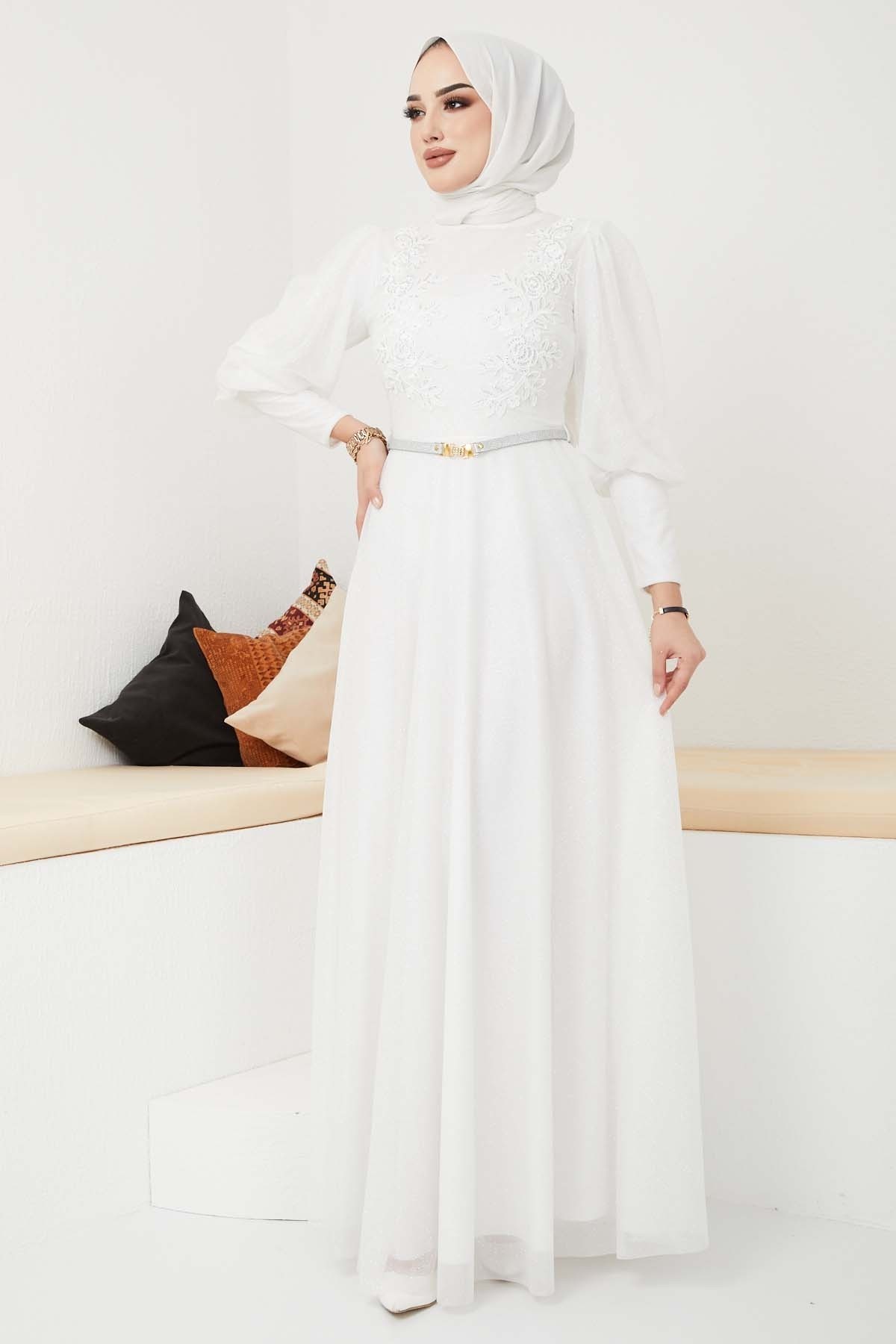 Dantel Detaylı Kemerli Abiye - Beyaz