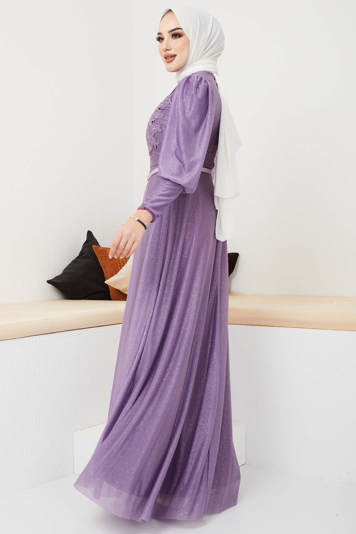 Dantel Detaylı Kemerli Abiye - Lila