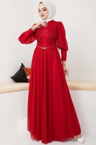 Dantel Detaylı Kemerli Abiye - Kırmızı