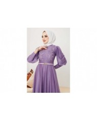 Dantel Detaylı Kemerli Abiye - Lila