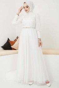 Dantel Detaylı Kemerli Abiye - Beyaz