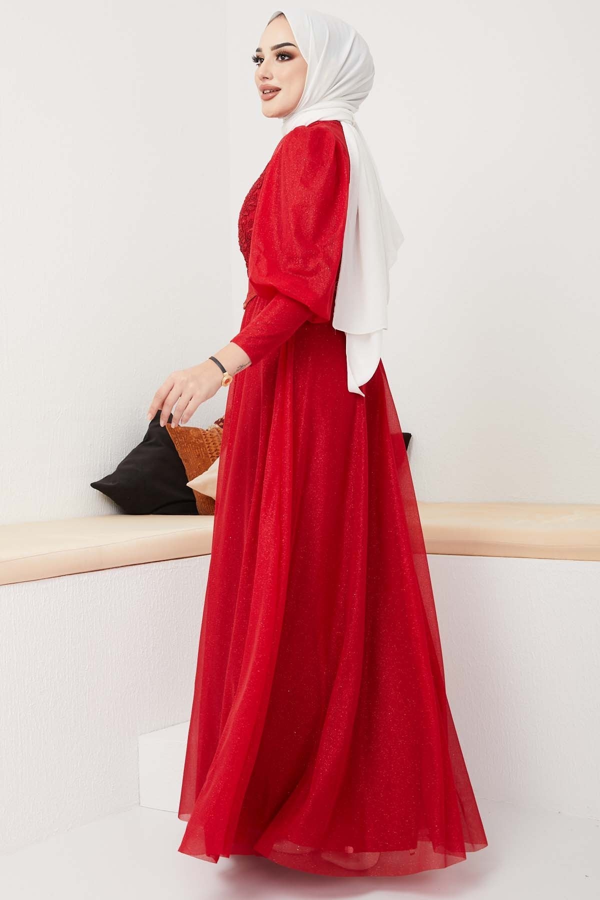 Dantel Detaylı Kemerli Abiye - Kırmızı