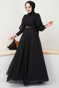 Dantel Detaylı Kemerli Abiye - Siyah