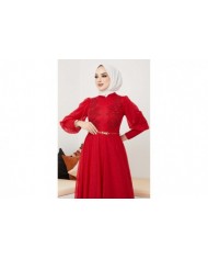 Dantel Detaylı Kemerli Abiye - Kırmızı