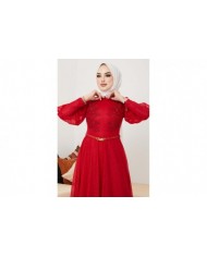Dantel Detaylı Kemerli Abiye - Kırmızı