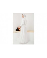 Dantel Detaylı Kemerli Abiye - Beyaz