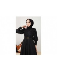 Dantel Detaylı Kemerli Abiye - Siyah