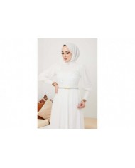 Dantel Detaylı Kemerli Abiye - Beyaz