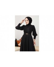 Dantel Detaylı Kemerli Abiye - Siyah