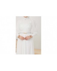 Dantel Detaylı Kemerli Abiye - Beyaz