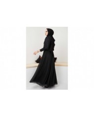 Dantel Detaylı Kemerli Abiye - Siyah