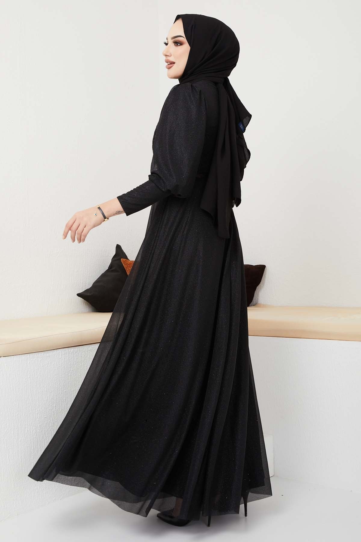 Dantel Detaylı Kemerli Abiye - Siyah