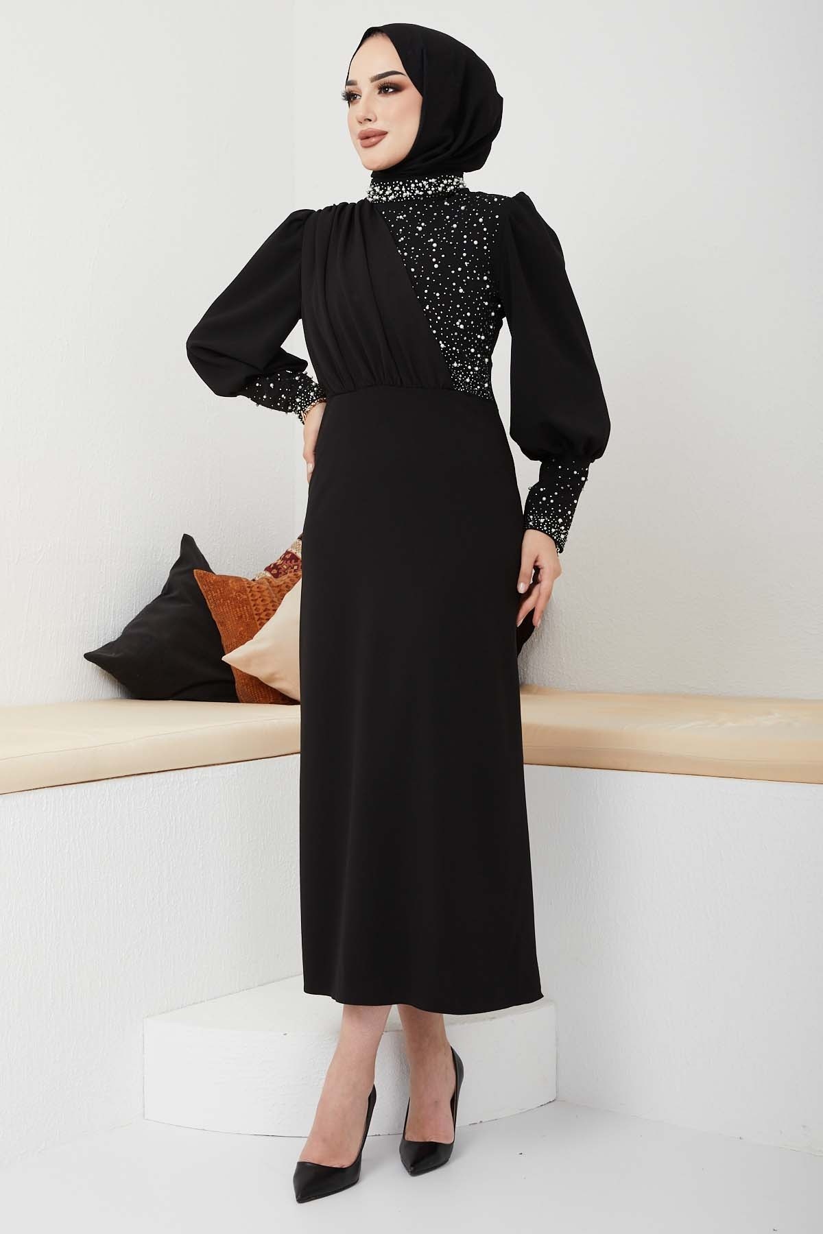 İnci Detaylı Abiye - Siyah