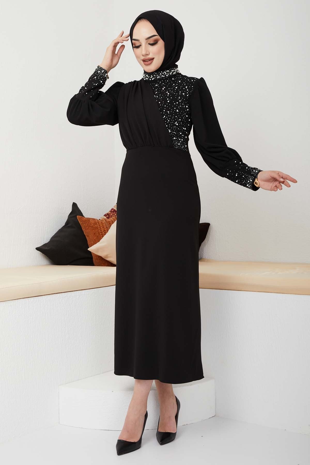 İnci Detaylı Abiye - Siyah