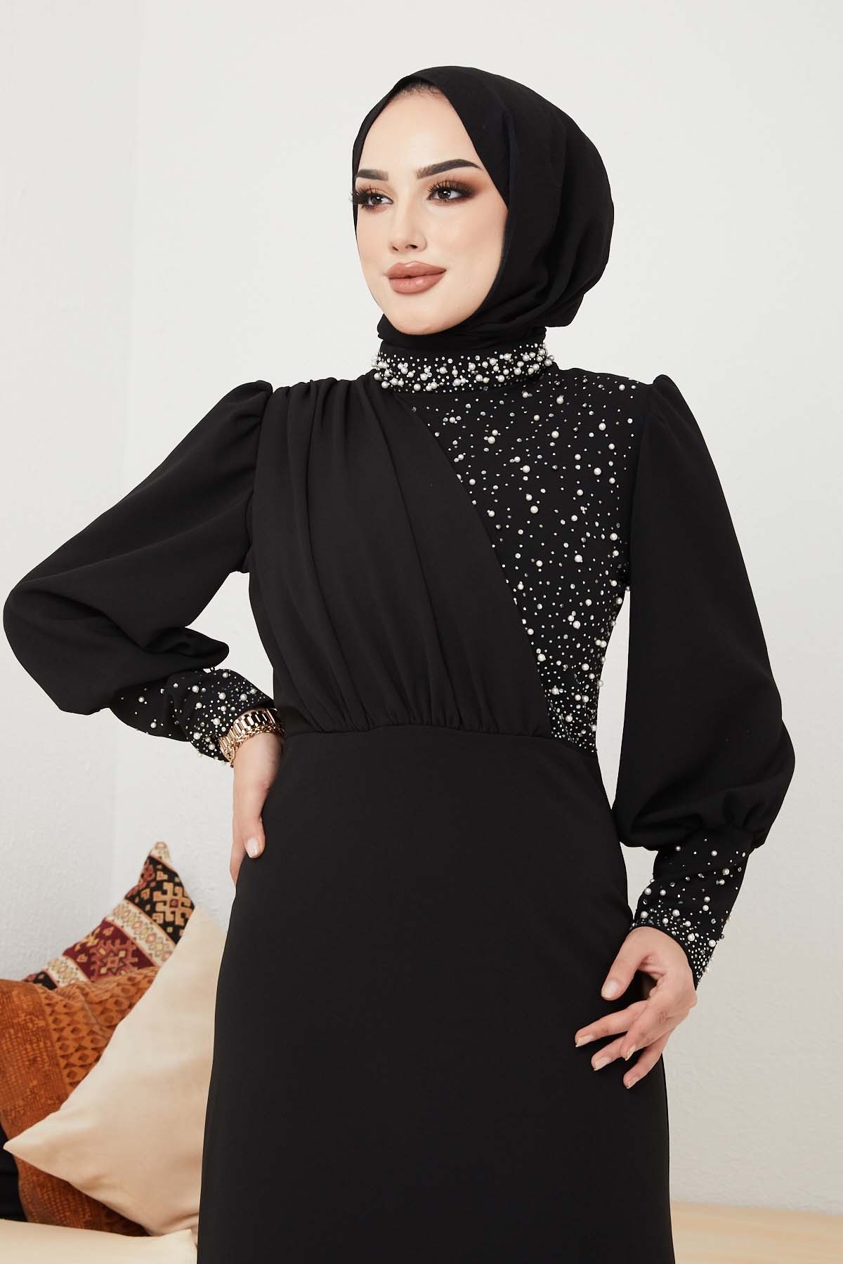 İnci Detaylı Abiye - Siyah