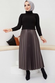 Pliseli Deri Etek - Füme