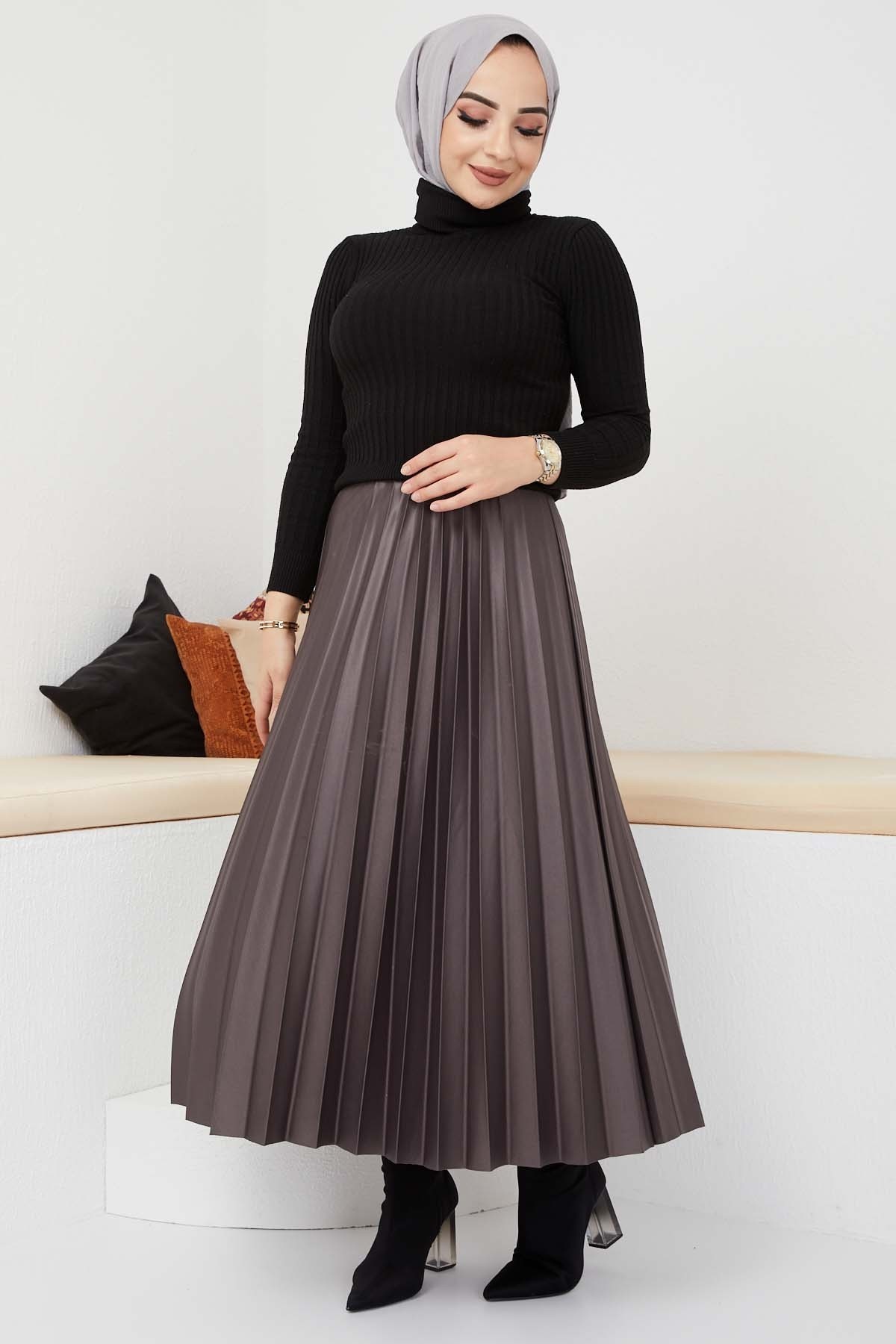 Pliseli Deri Etek - Füme