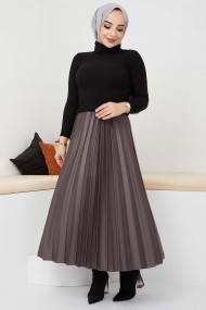 Pliseli Deri Etek - Füme