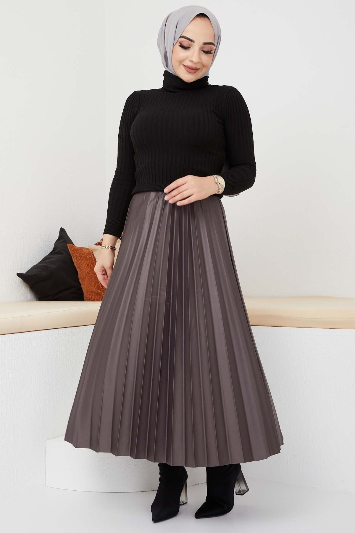 Pliseli Deri Etek - Füme