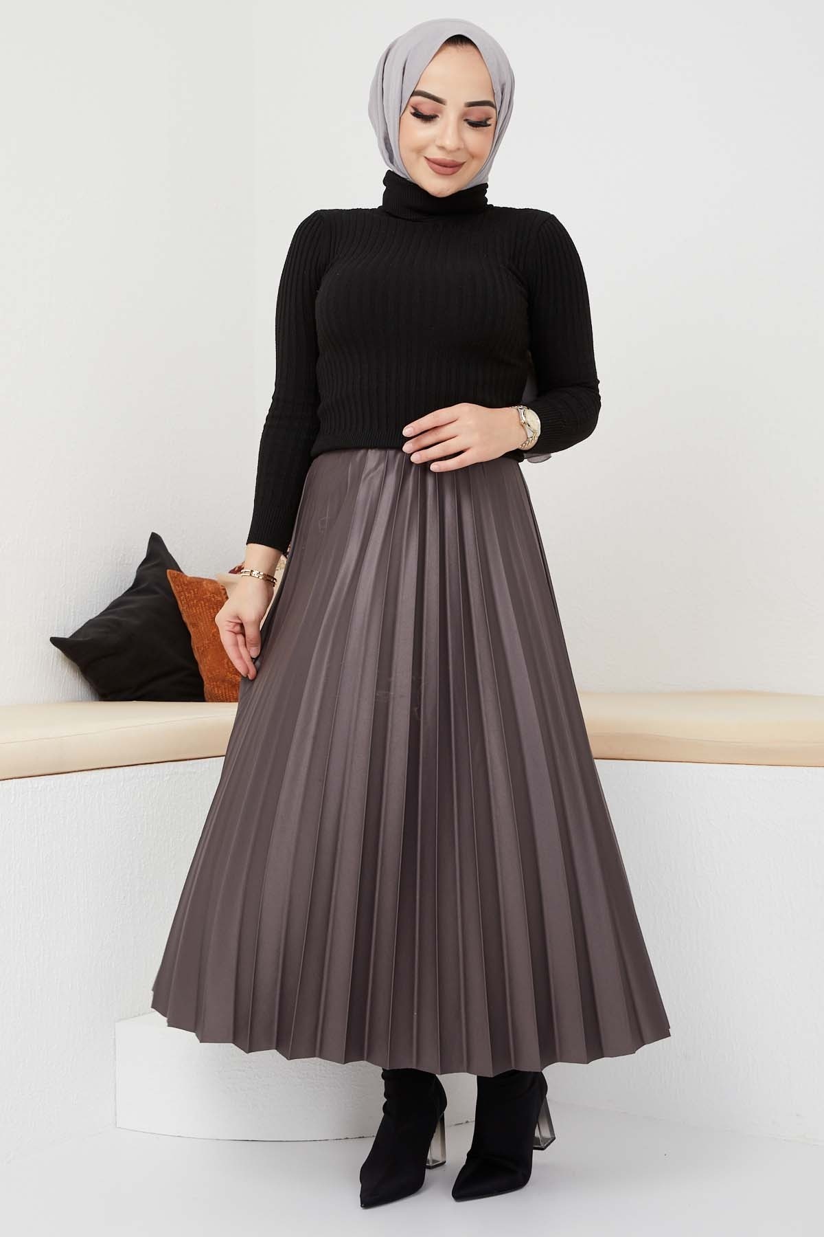 Pliseli Deri Etek - Füme