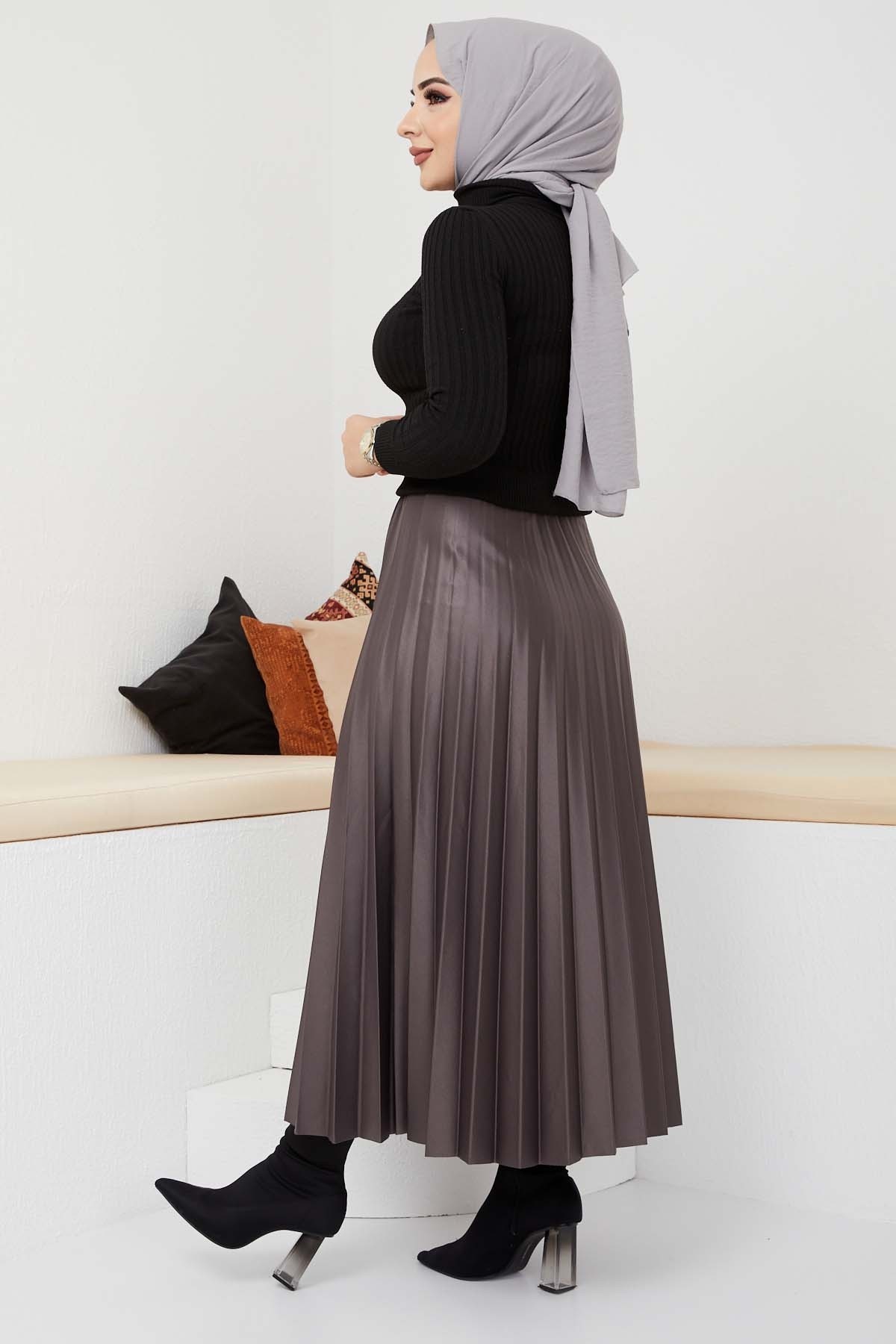 Pliseli Deri Etek - Füme