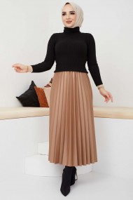 Pliseli Deri Etek - Camel