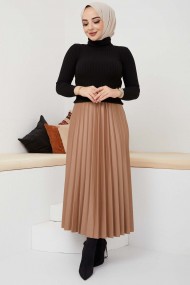 Pliseli Deri Etek - Camel