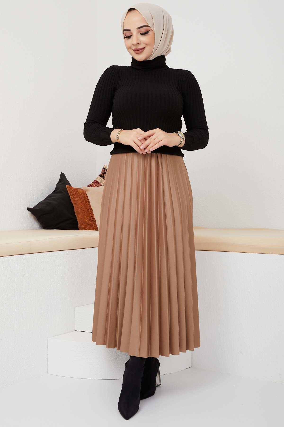 Pliseli Deri Etek - Camel