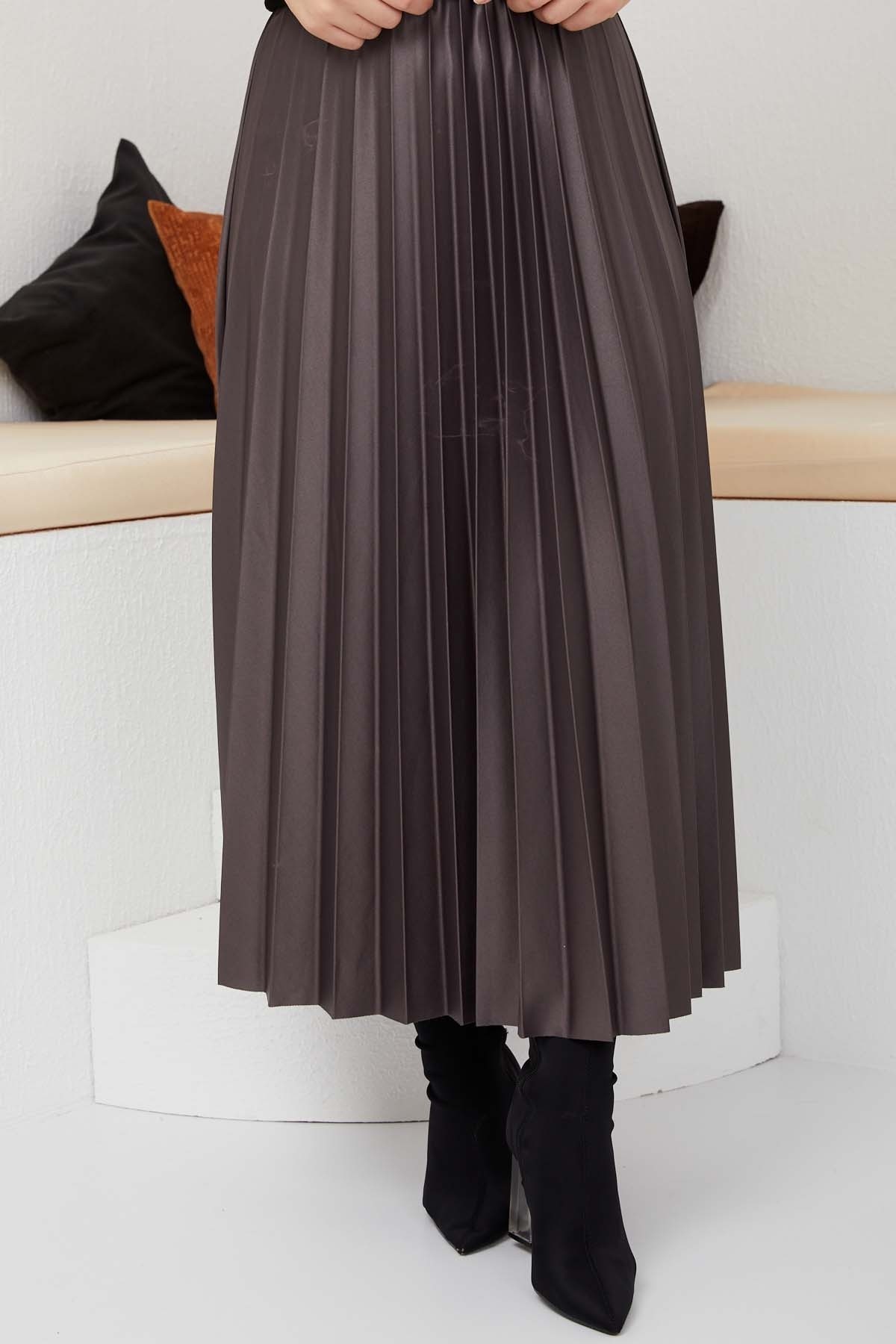 Pliseli Deri Etek - Füme