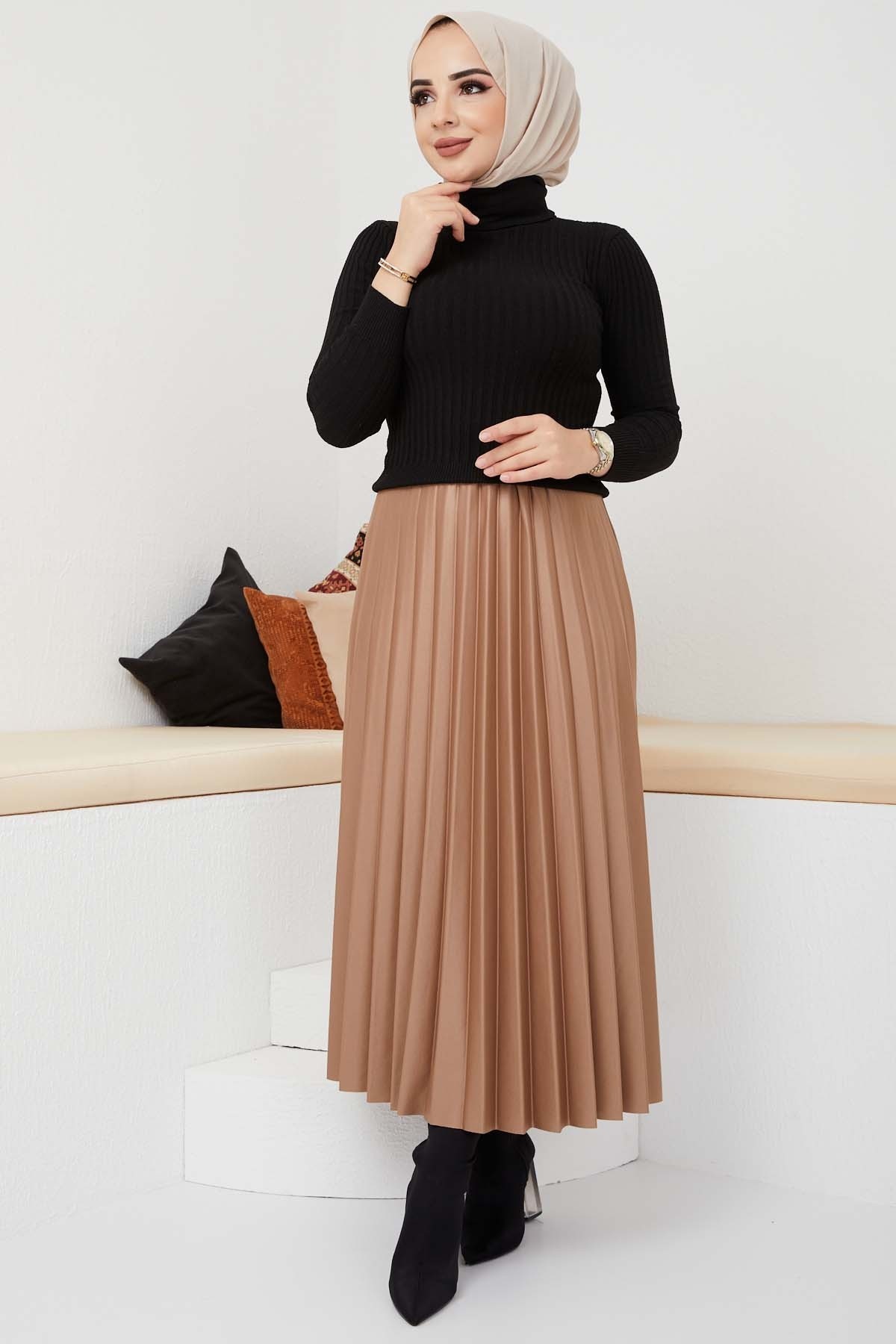 Pliseli Deri Etek - Camel